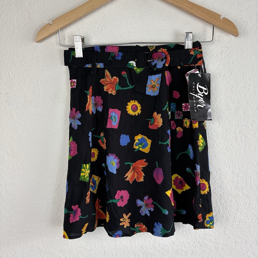 Vtg A Byer Mini Skirt Size XS Retro Floral Y2k Cottage Pinup Academia Belted